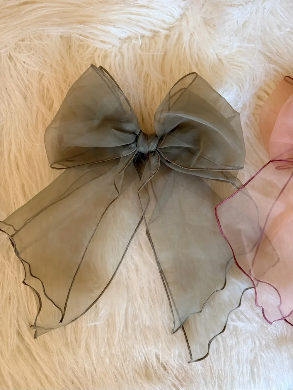 2x Sheer Organza Hair Bow Clip - Pink and Green
